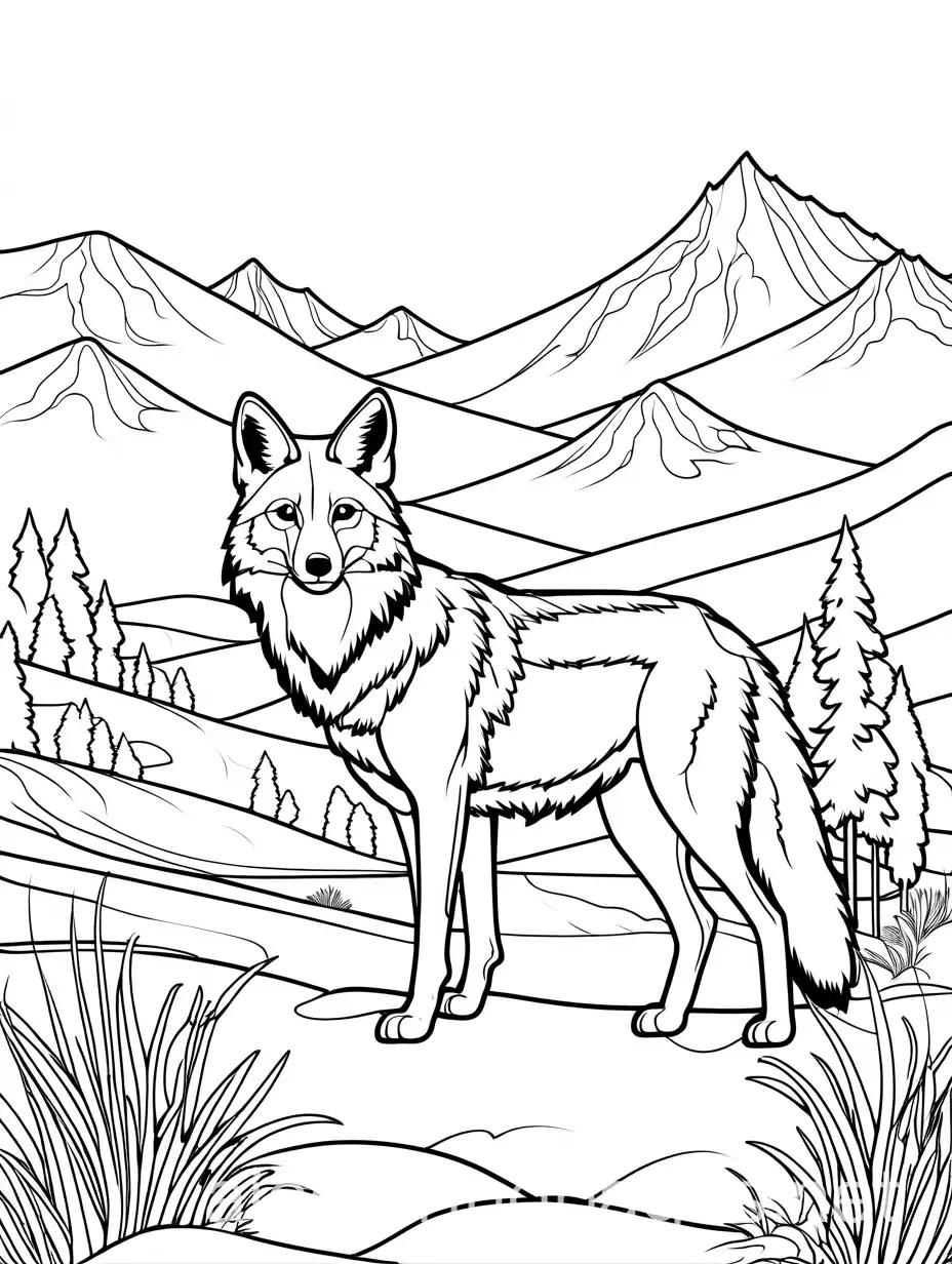 coyote on a snowy landscape, cuerpo completo, con poco relleno y trazos gruesos. Coloring Page, black and white, line art, white background, Simplicity. The background of the coloring page is plain white to make it easy for young children to color within the lines. The outlines of all the subjects are easy to distinguish, making it simple for kids to color without too much difficulty. With a white banner of 2 cm at the bottom., Coloring Page, black and white, line art, white background, Simplicity, Ample White Space. The background of the coloring page is plain white to make it easy for young children to color within the lines. The outlines of all the subjects are easy to distinguish, making it simple for kids to color without too much difficulty, Coloring Page, black and white, line art, white background, Simplicity, Ample White Space. The background of the coloring page is plain white to make it easy for young children to color within the lines. The outlines of all the subjects are easy to distinguish, making it simple for kids to color without too much difficulty