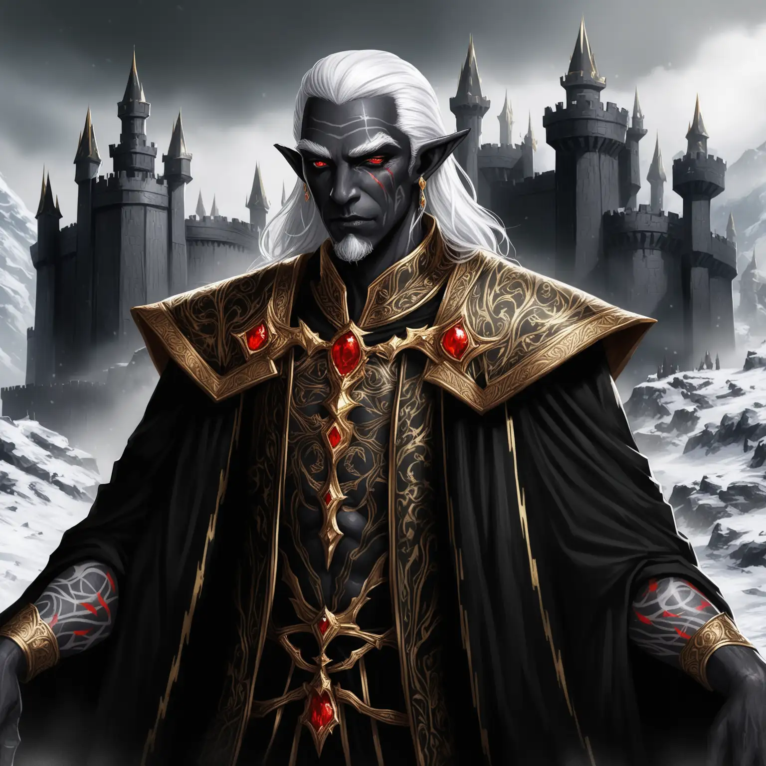 Fantasy Male Elf Emperor in Black and Gold Robes at a Black Fortress