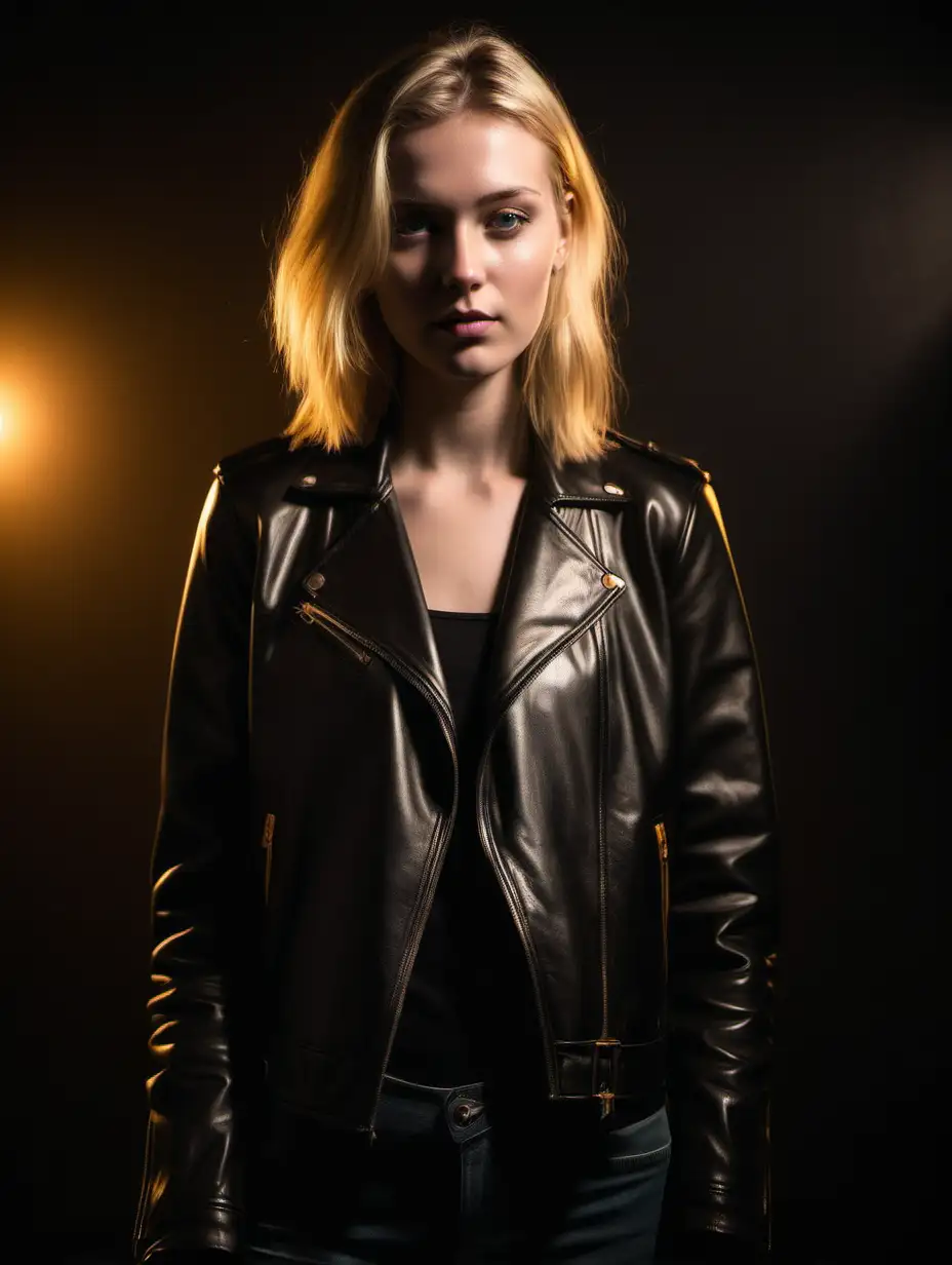 tall blonde girl wearing leather jacket in a dark room with golden light