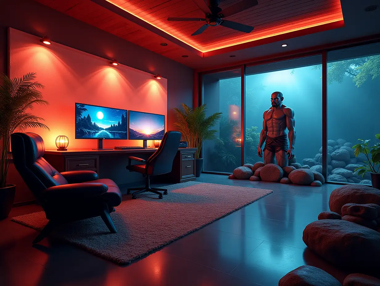 large Gaming room with three monitors ,lighting with furniture with large Attack on Titan statue at the Zen-Garden with carefully tended rocks, a meditative 180 Degree shots 8K resolution Vibrant