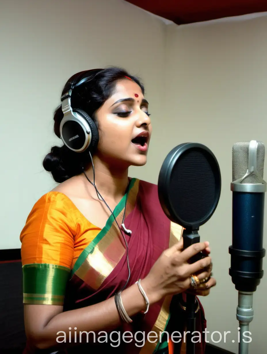 a Indian Odia beautiful woman wearing saree singing in a music studio infront of a condenser mic wearing a headphone