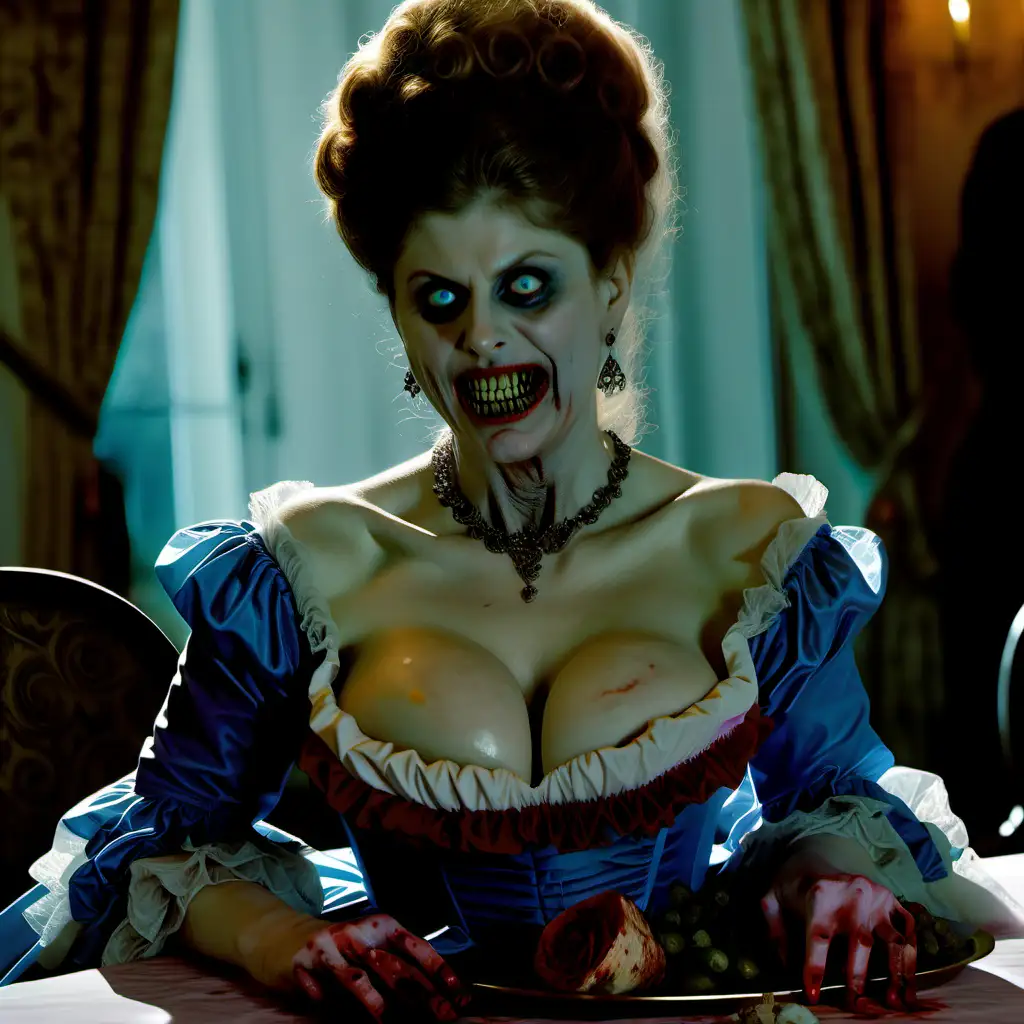 At the table, a luxurious very ugly mature
Alexandra Daddario - a cannibal with an evil face and (huge teeth:1.5) in a dress in the style of Marie Antoinette with a huge neckline and (large breasts:1.2). (The body of a dead woman on the table:1.5).