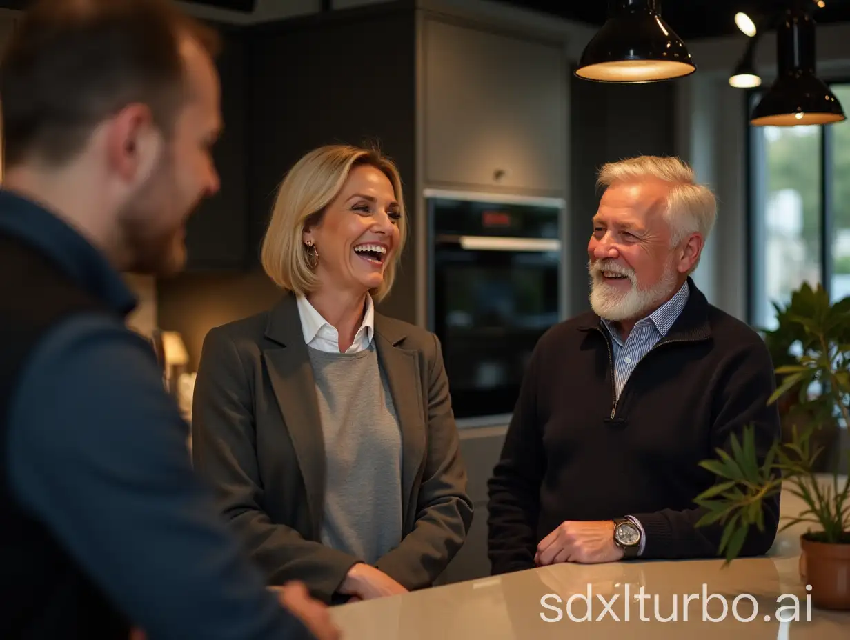 Middle-aged couple in a kitchen showroom, talking to a kitchen designer wearing a black gillet, luxury kitchen showroom, dramatic lighting, depth of field, realistic textures, laughing and smiling