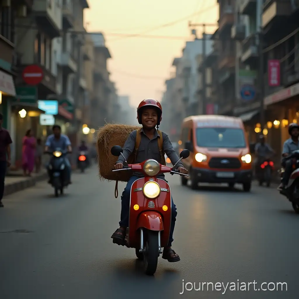Young-Delivery-Boy-Riding-Scooter-Through-Busy-Indian-Street-at-Dusk