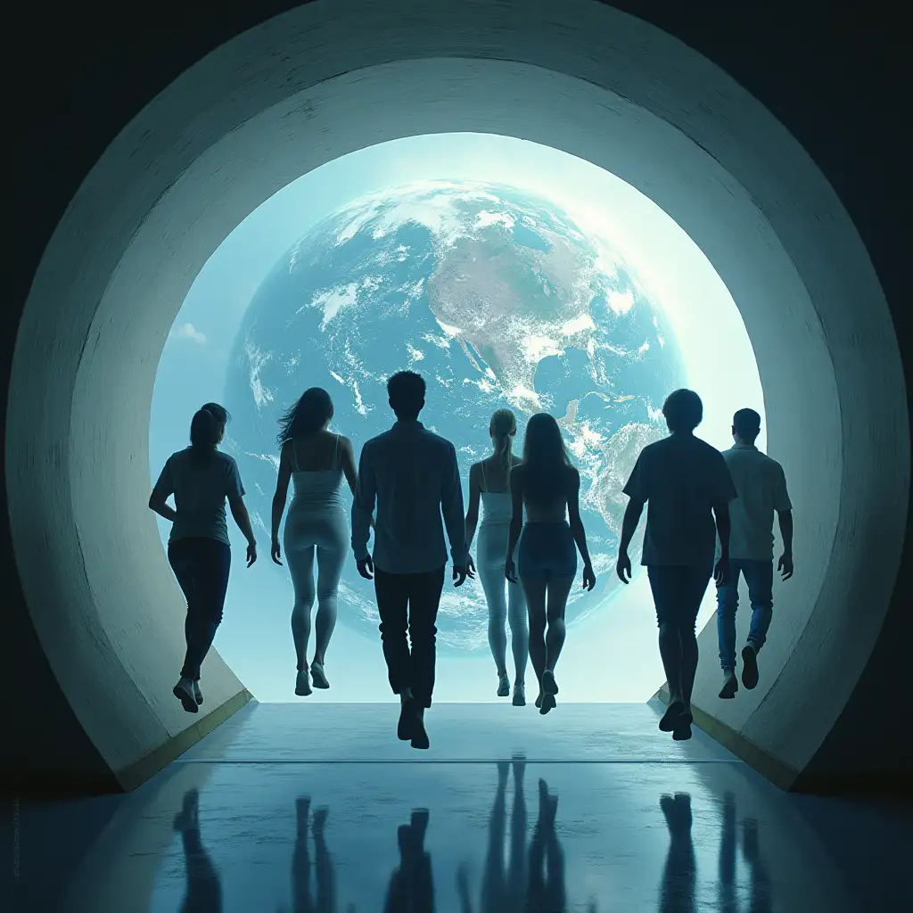 a group of 8 people, in weightlessness, floating inside a fusée, in front of a hubblot through which you see the earth, photorealistic