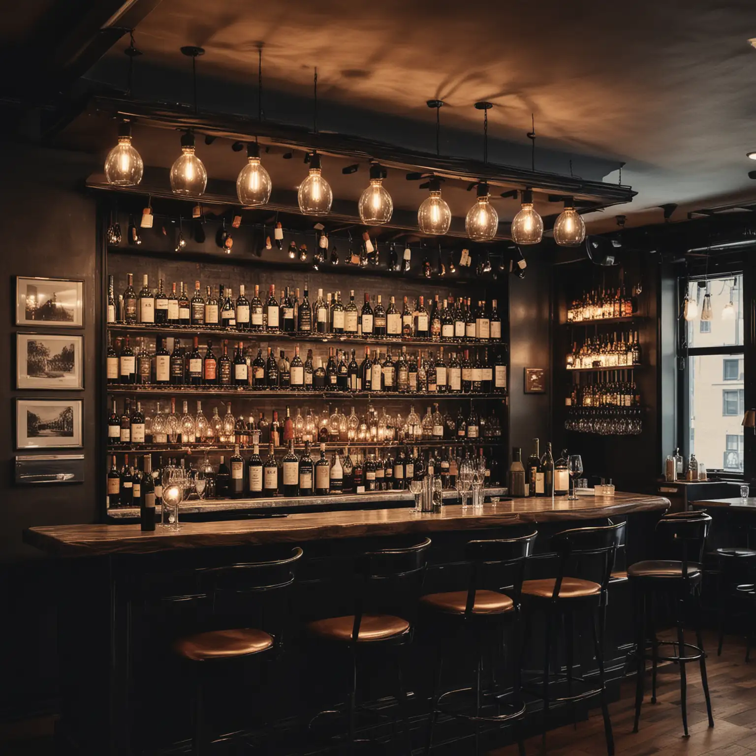 Elegant Bar Interior with Dark Ambiance and New York Artwork