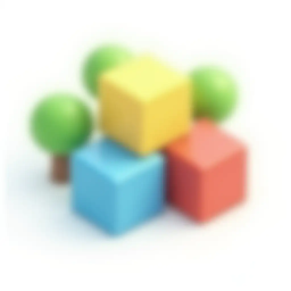 Flat vector illustration, game asset style, three perfect geometric cubes arranged in triangle formation (one yellow cube, one blue cube, one red cube), each cube casting soft shadows, surrounded by stylized rounded green tree shapes in background, clean edges, cutout composition on white background, no gradients on cubes, isometric perspective, similar to game inventory icons