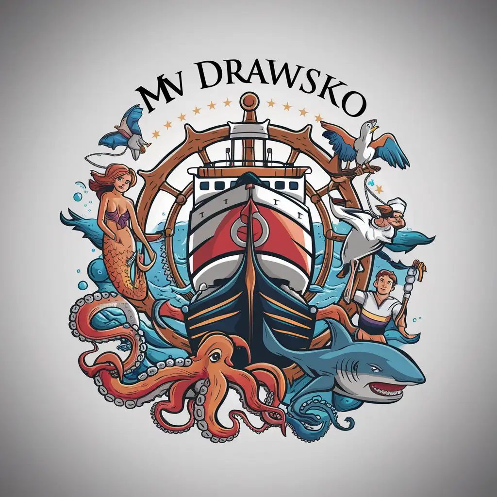 a logo design,with the text "Mv Drawsko ", main symbol:Ship, anchor, mermaid, octopus, seagull, shark, sailor, helm,complex,be used in Sailor industry,clear background