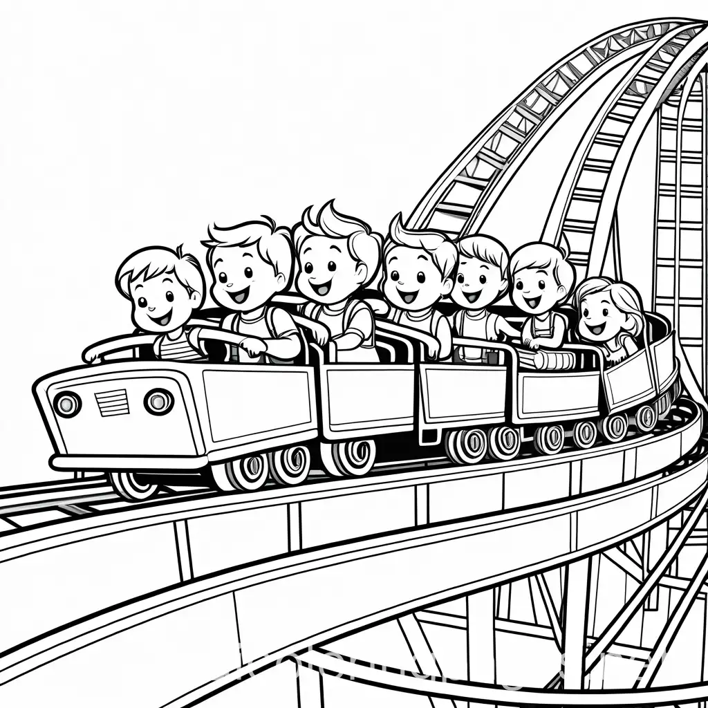 a group of happy kids in a line for a roller coaster, Coloring Page, black and white, line art, white background, Simplicity, Ample White Space. The background of the coloring page is plain white to make it easy for young children to color within the lines. The outlines of all the subjects are easy to distinguish, making it simple for kids to color without too much difficulty