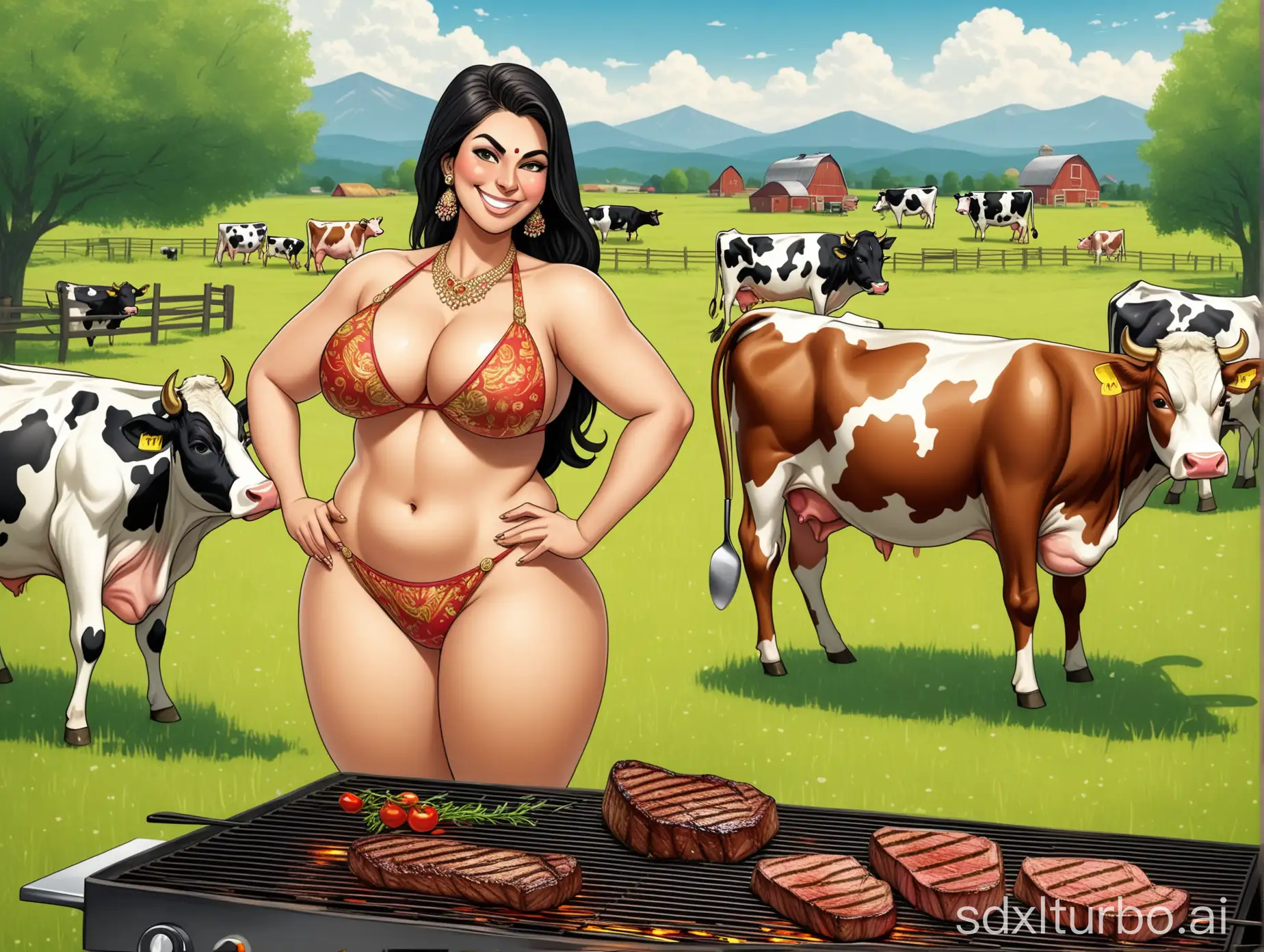 Natural-Indian-Woman-Cooking-Steak-on-Farm-with-Grazing-Cows