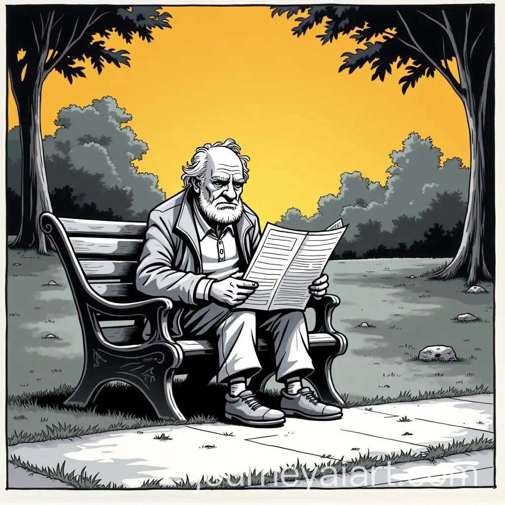 Grumpy-Old-Man-Reading-Newspaper-in-Park-Comic-Art-Style