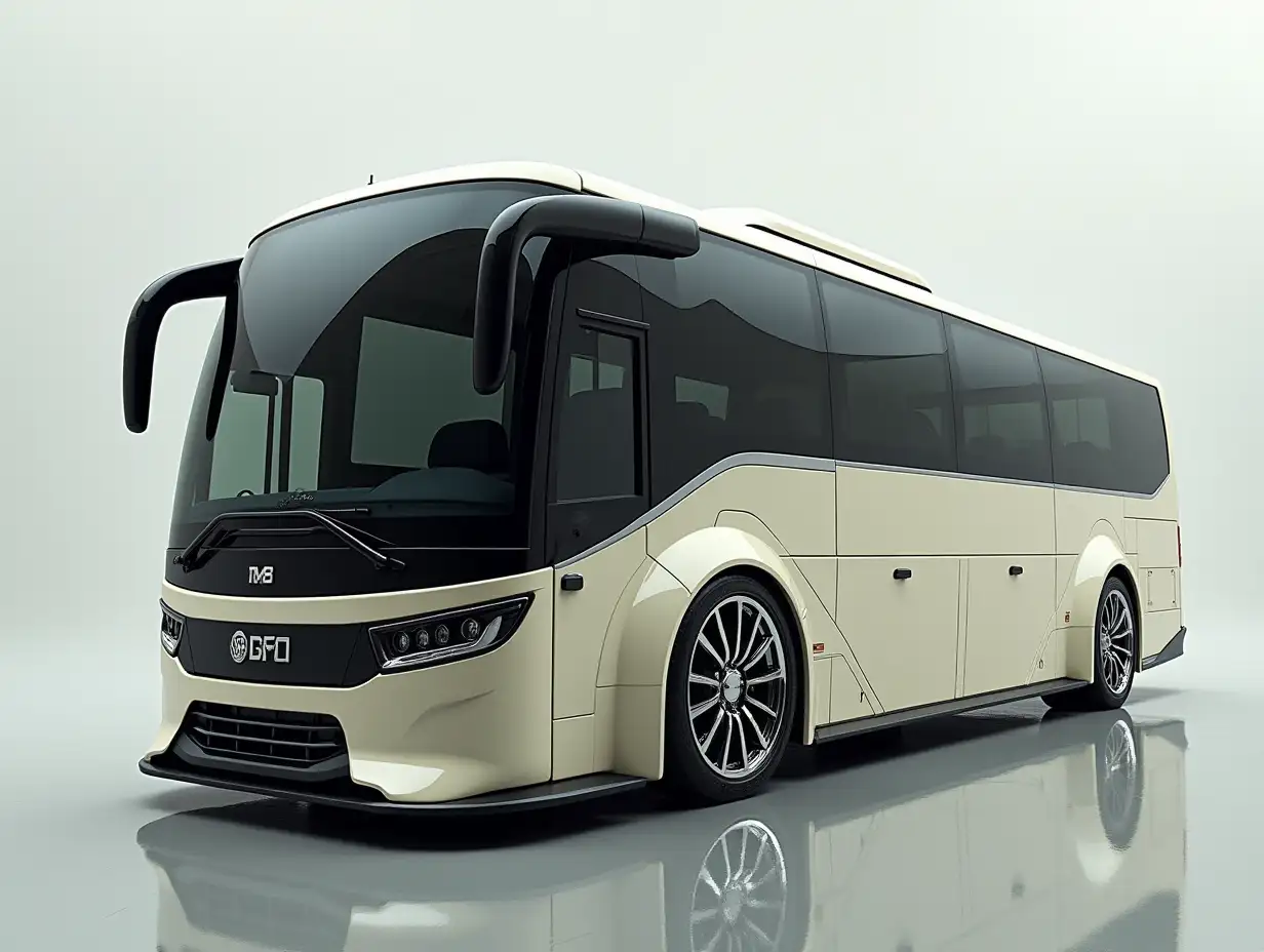 Supermodern bus with spoilers, lowered, aluminum wheels, cream, black colors, Cyberpunk