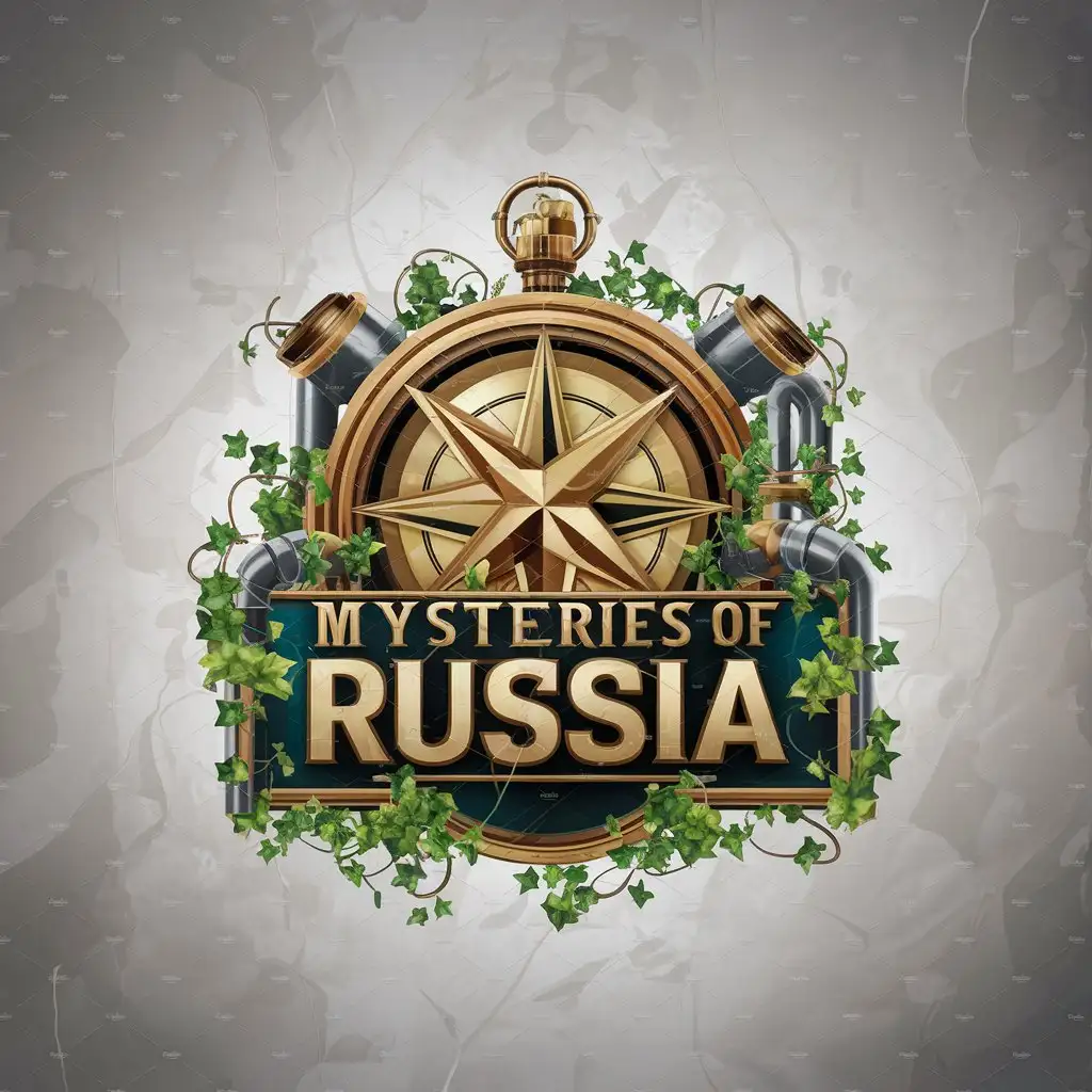 a vector logo design,with the text "MYSTERIES OF RUSSIA", main symbol:a golden compass with steampunk elements and pipes wrapped in ivy in 3D,complex,clear background