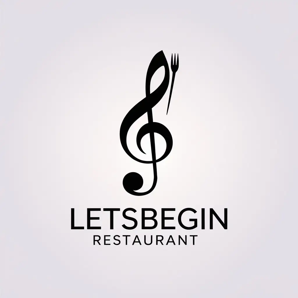 a vector logo design,with the text "letsbegin", main symbol:Notes, fork,,Minimalistic,be used in Restaurant industry,clear background