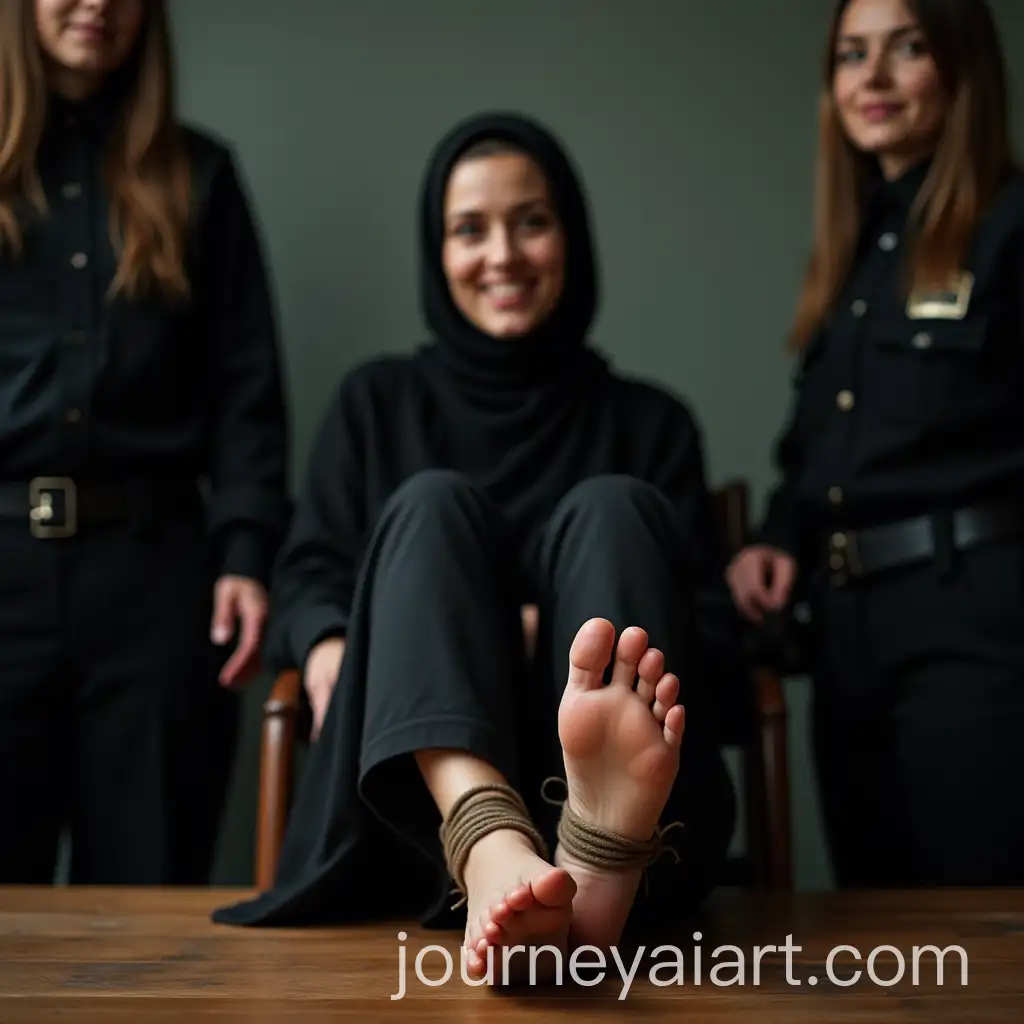 Confident-Hijabi-Woman-in-Prison-Setting-with-Police-Woman-and-Detailed-Focus-on-Tied-Soles