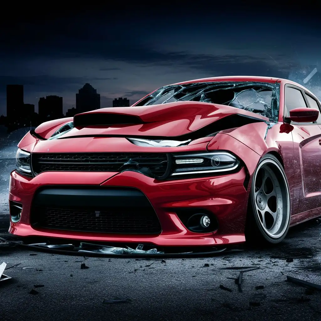 Damaged Red Dodge Charger in Urban Dusk Scene