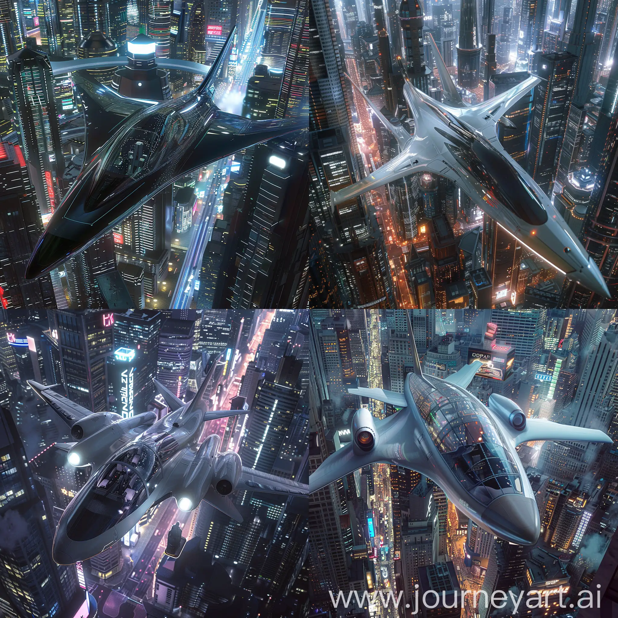 Futuristic-Passenger-Aircraft-Soaring-Over-Technologically-Advanced-Cityscape