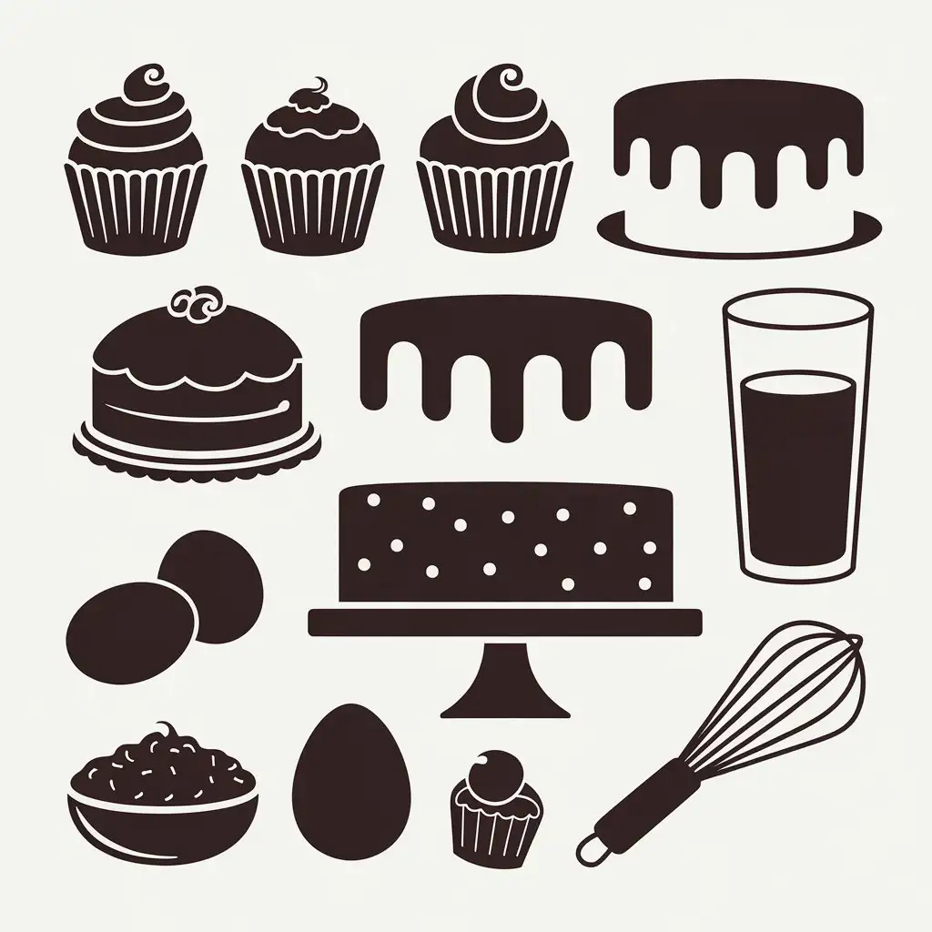 Cartoon Baking Ingredients and Utensils Silhouettes