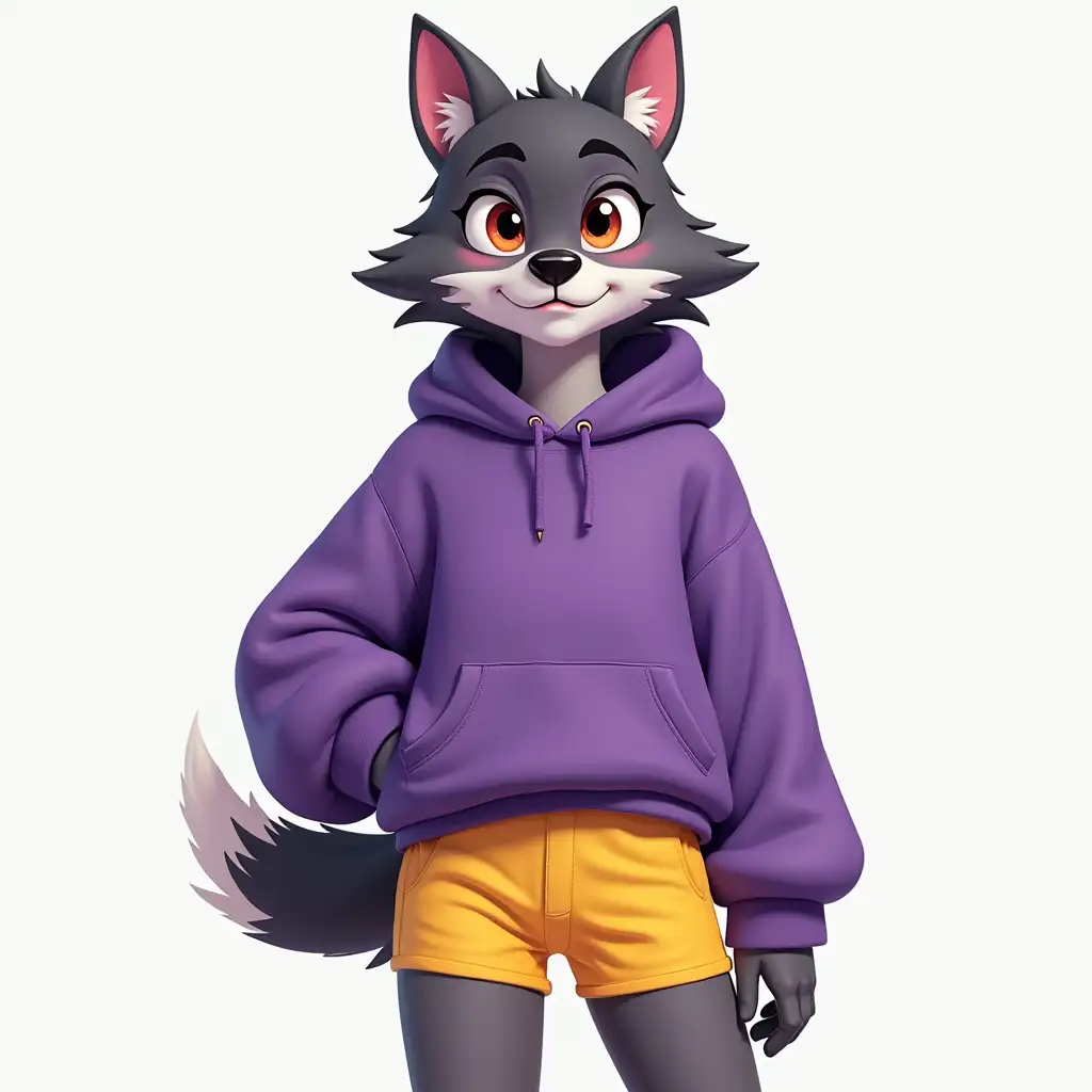 2d cartoon of an anthropomorphic wolf girl, gothic, wearing a purple sweatshirt and tight yellow shorts.