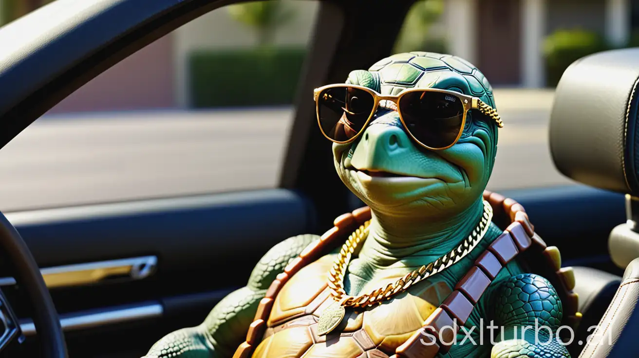 a human like turtle with sunglasses on and a gold chain on his neck, sitting in the driver seat of a cadillac