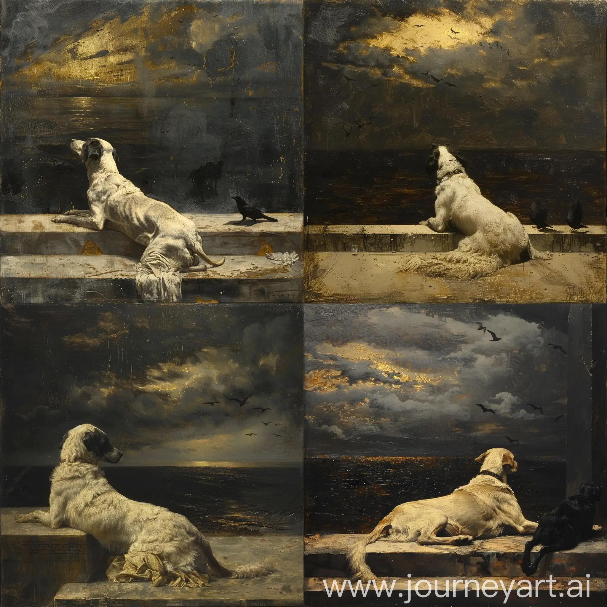 Renaissance-Painting-of-Dog-by-Sea-with-Yellow-Glow-and-Dark-Clouds