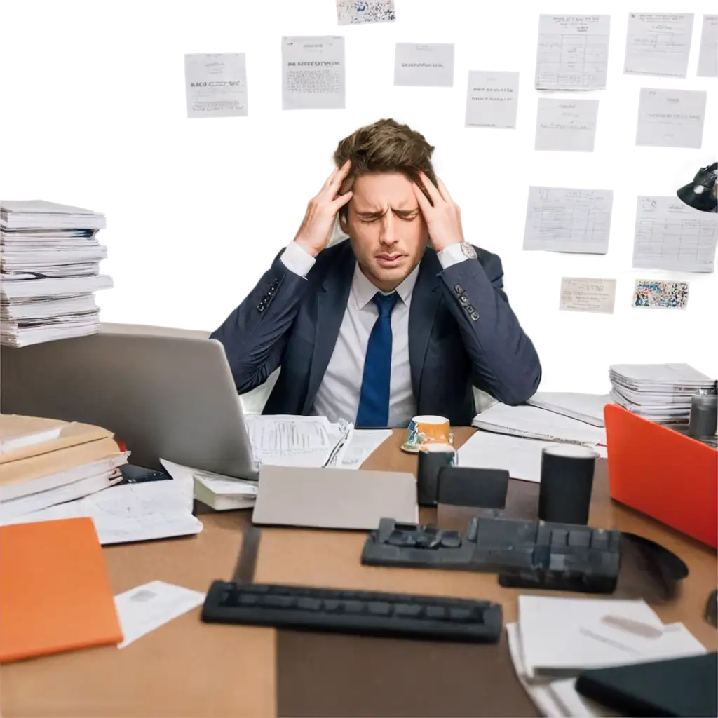 Create an image of an overworked employee in a real estate office, surrounded by stacks of paperwork and tasks, with a stressed and exhausted expression. The scene should evoke the feeling of burnout, with visual cues like a cluttered desk, dim lighting, and a clock showing late hours, symbolizing the high workloads and demanding nature of the job.