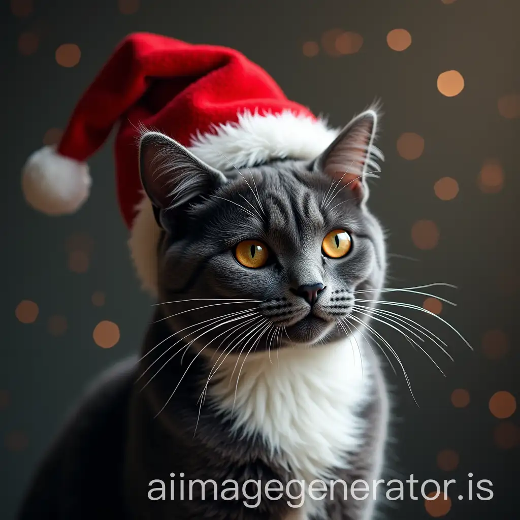 Black-White-or-Gray-Cat-Wearing-Christmas-Hat-in-Festive-Setting