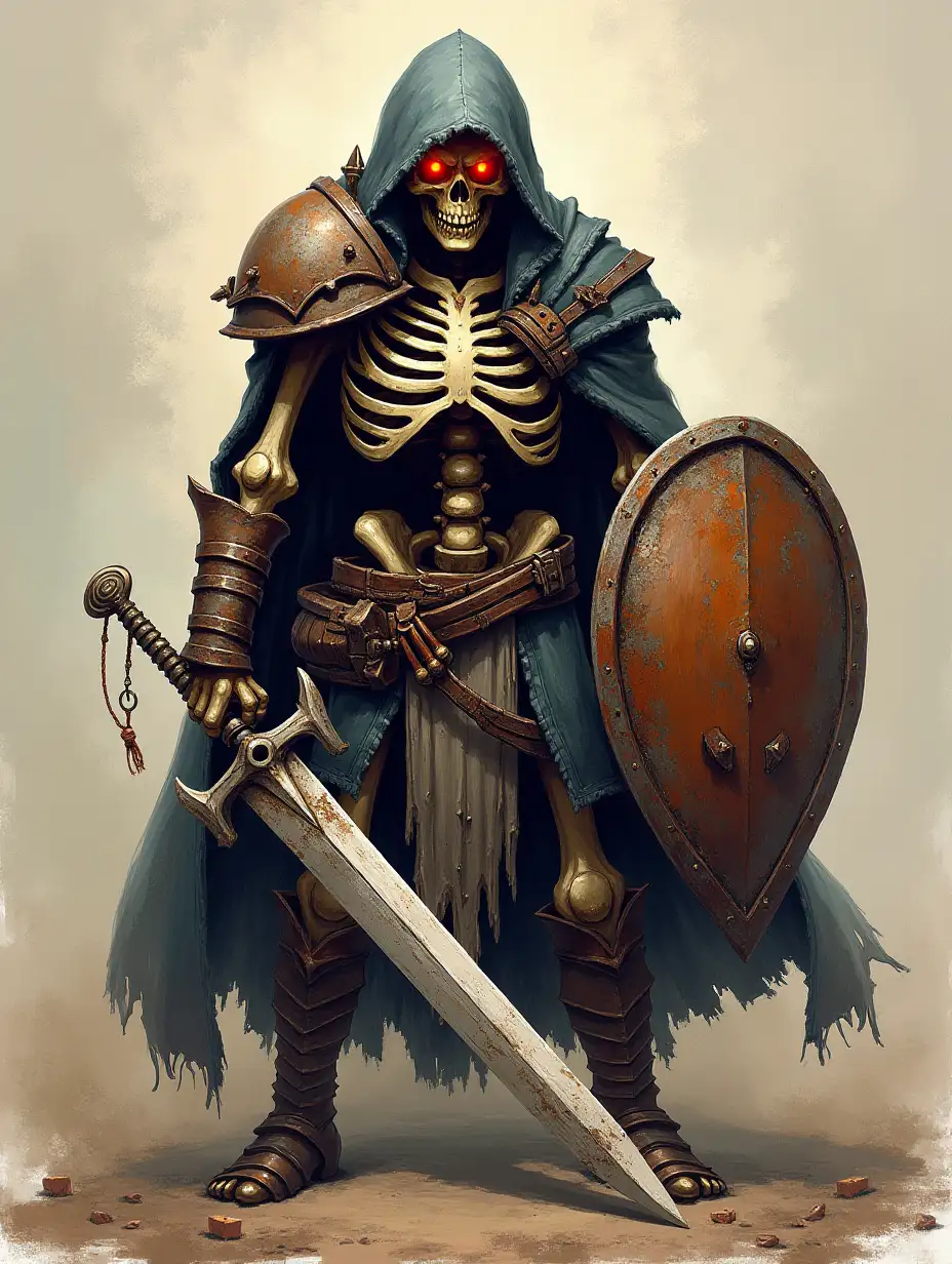 A skeletal warrior with a rusted sword and shield, eyes blazing red, draw style, fantasy, bright colors, fantasy backgrounds