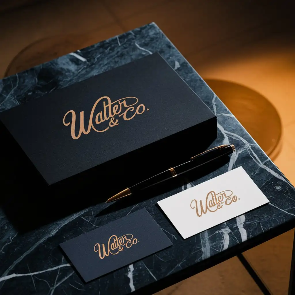 LOGO Design For Walter Co Calligraphy Style on Dark Marble with Minimalistic Evening Warm Studio Light