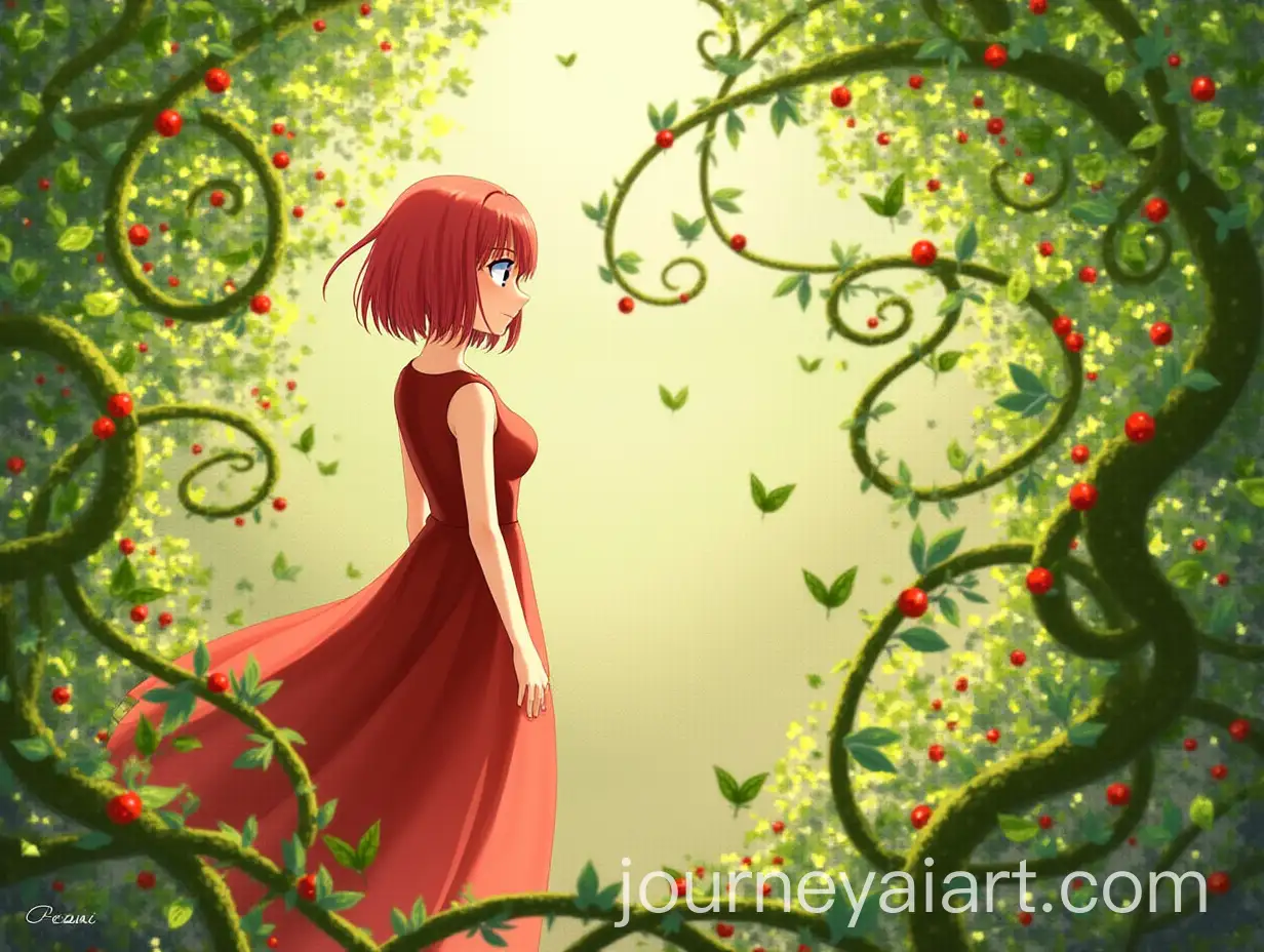Serene-Anime-Girl-in-Red-Dress-Surrounded-by-Lush-Greenery-and-Sunlight