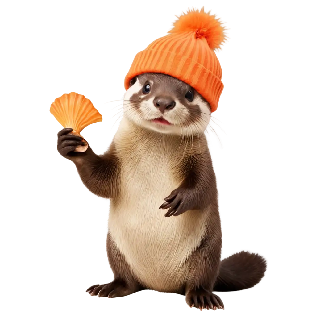 An otter in an orange hat and holding a seashell