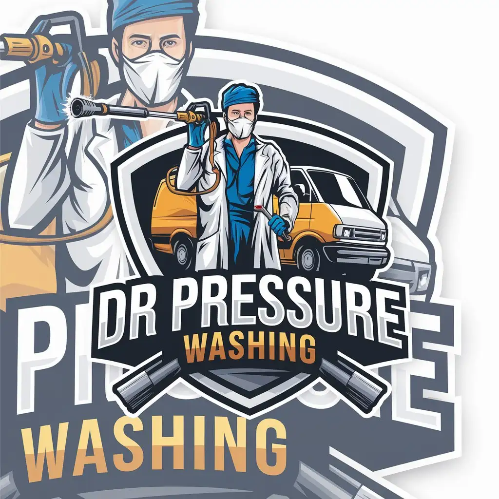 LOGO Design for DR Pressure Washing Doctor with Mask Pressure Washer and Van in Vibrant Colors for Construction Industry