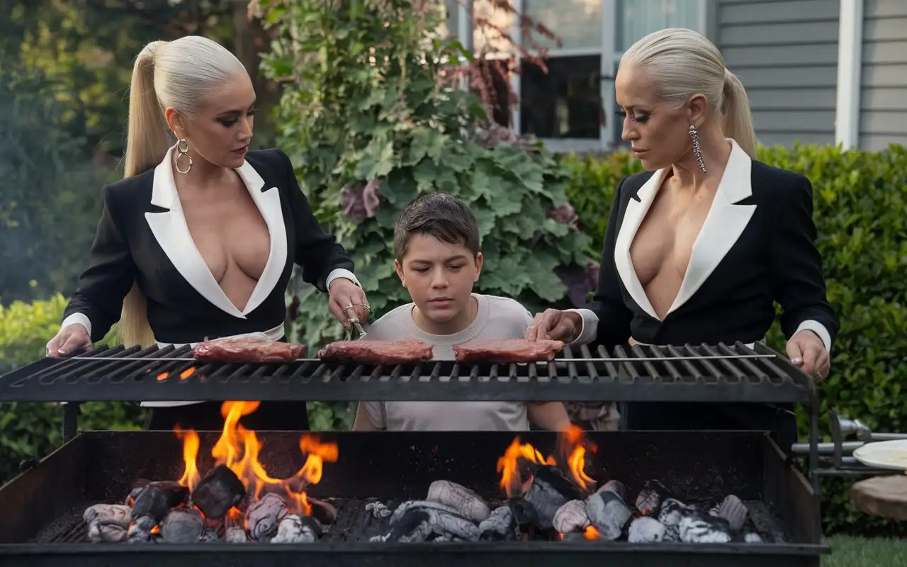 Evil-Latina-Women-Grilling-in-Summer-Backyard-with-Large-Grill-and-Flames