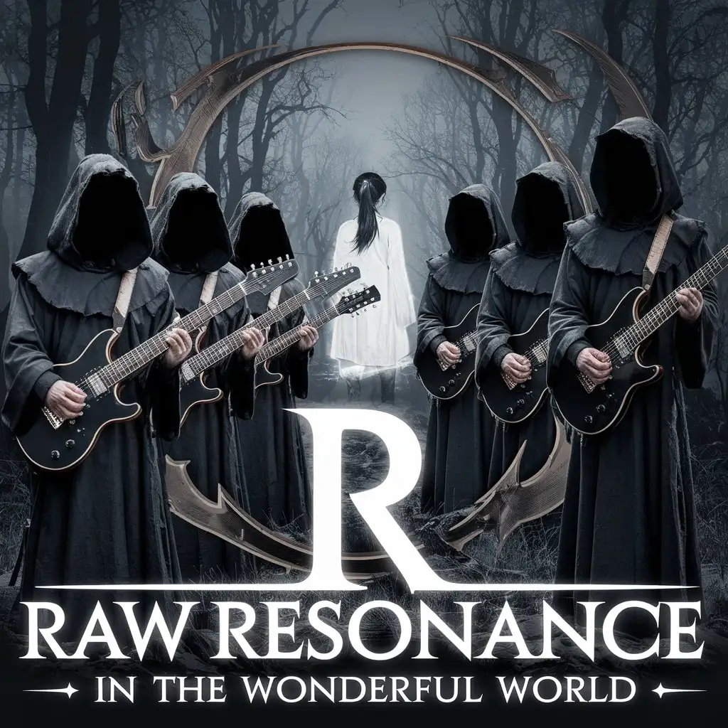 LOGO Design for Raw Resonance In The Wonderful World Dark Grim Forest with Faceless Monks Electric Guitars and Glowing Ghost Theme