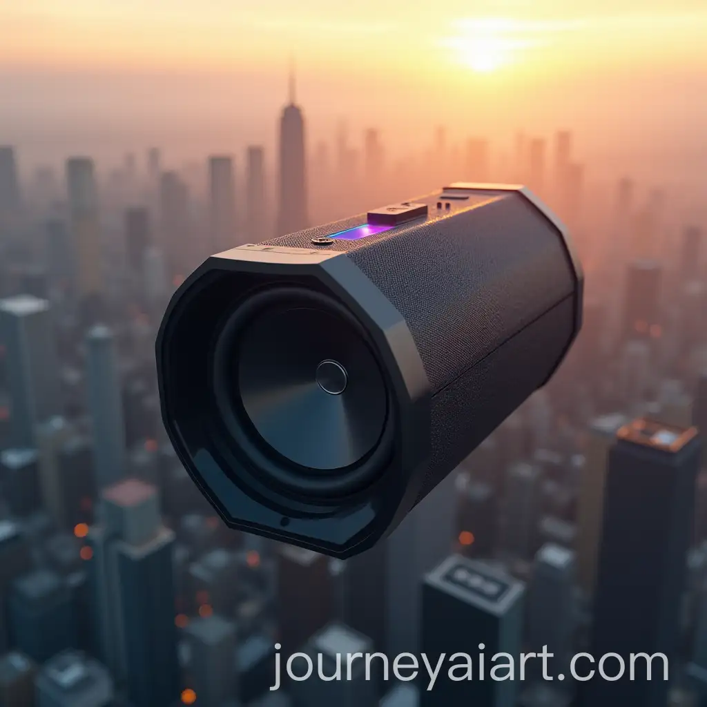 Futuristic-Portable-Speaker-Floating-Over-a-Misty-City-at-Sunrise