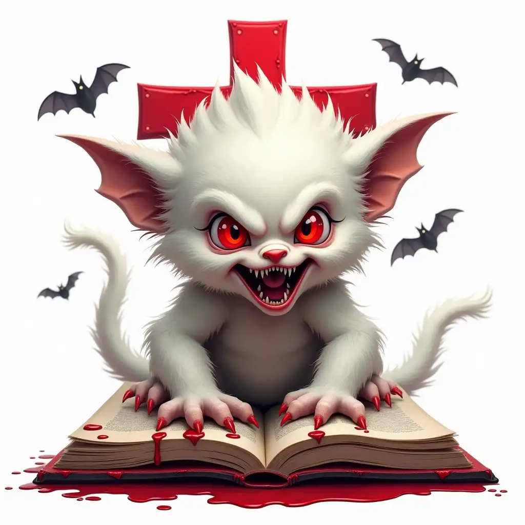 A menacing chucky with white fur, sharp red eyes, and a wide-open mouth revealing sharp teeth. This creature is perched atop an open book, with red blood dripping from the book's edges. Behind the creature, there's a large red cross, and several bats can be seen flying around. The background is solid white