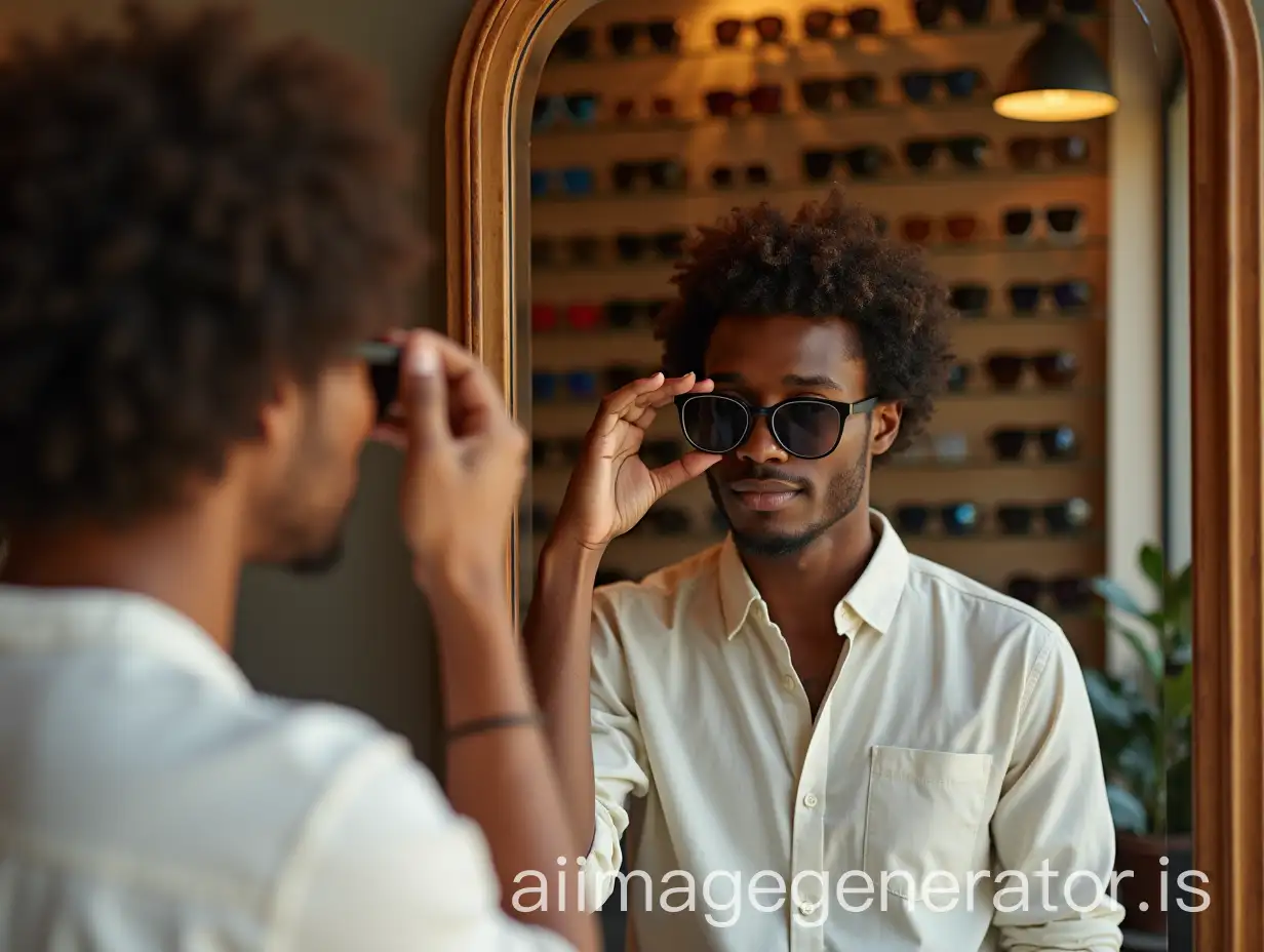 A 30-year-old black man with curly brown hair, wearing a casual white shirt, looking at his reflection in a vintage mirror while trying on oversized trendy sunglasses, surrounded by wooden shelves overflowing with colorful sunglasses, during daylight with soft golden light filter