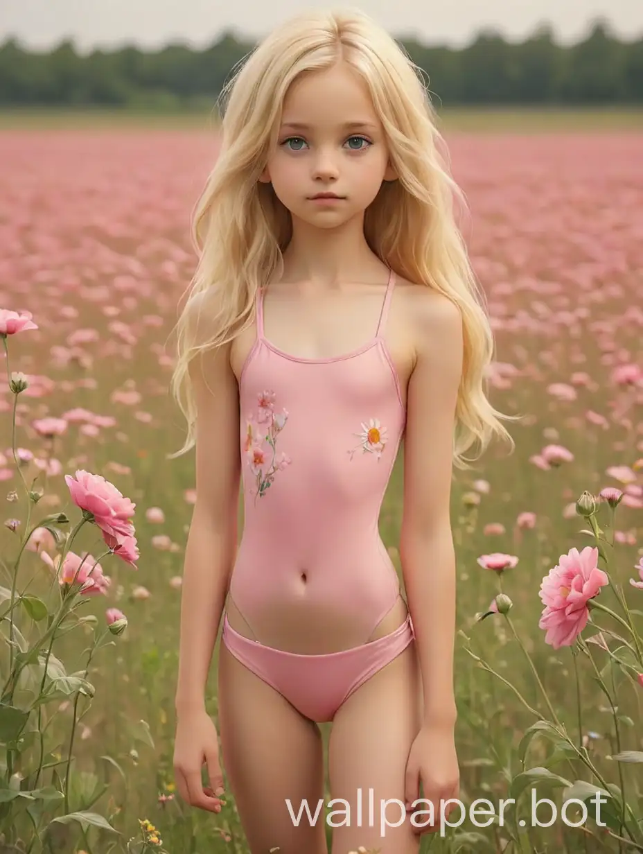 Cute 12-year-old girl blonde hair pink swimwear on an open field with flowers full length