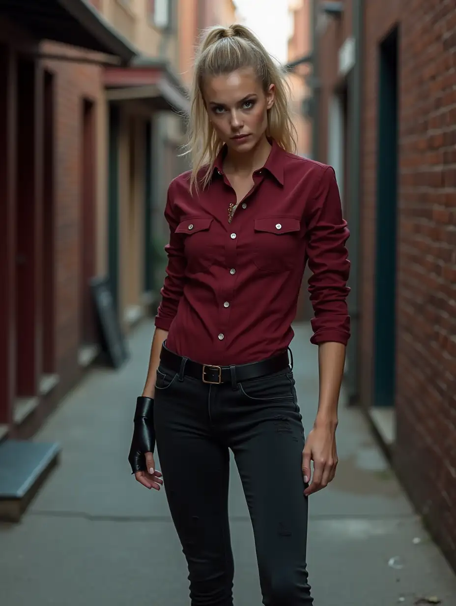 Full Length Photo of Teagan Croft wearing a fitted, darker blood-red button up shirt, slim fitted black jeans but flexible, allowing for agility during fights. The slight distressing on the fabric adds to her rugged, rebellious vibe, wears a single, fingerless black glove on her right hand, and steel-toed black combat boots. (in her accurate dark blonde hair slightly tousled, tied back into a messy ponytail for fights, leaving stray strands framing her face for a disheveled, intimidating look and makeup effects—darker eyeshadow, smudged eyeliner, and faint bruising under her eyes, accurate actress Teagan Croft 20 year old body type, accurate bust size and accurate height). In a alley outside of a bar, reminiscing of Supernatural TV Show scenery (Her clothes being a nod to Demon Dean Winchester clothes from Supernatural Season 10). Daytime Setting. (4K Resolution Photo and HDR)