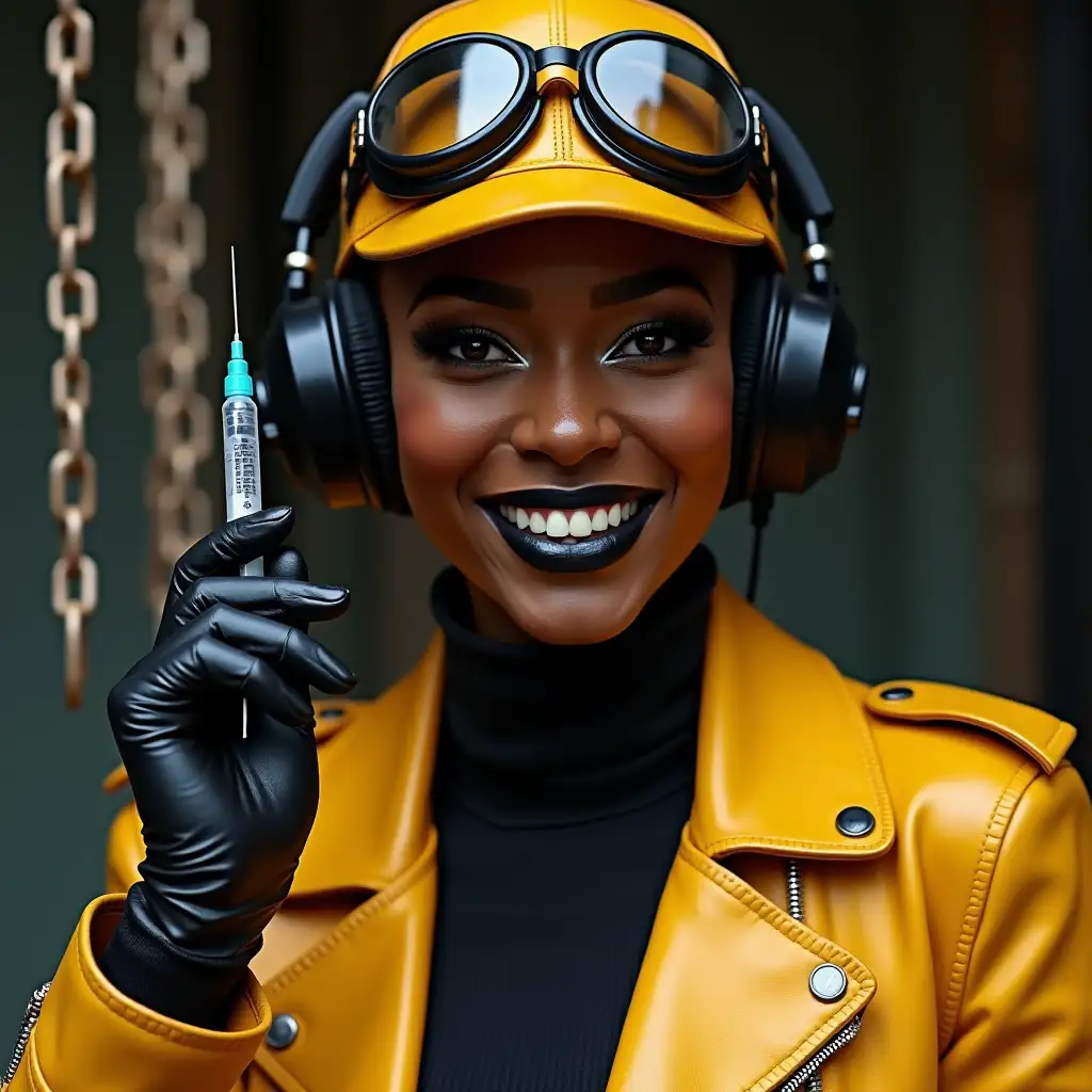 African-Woman-in-Leather-Military-Hat-with-Injection-Needle