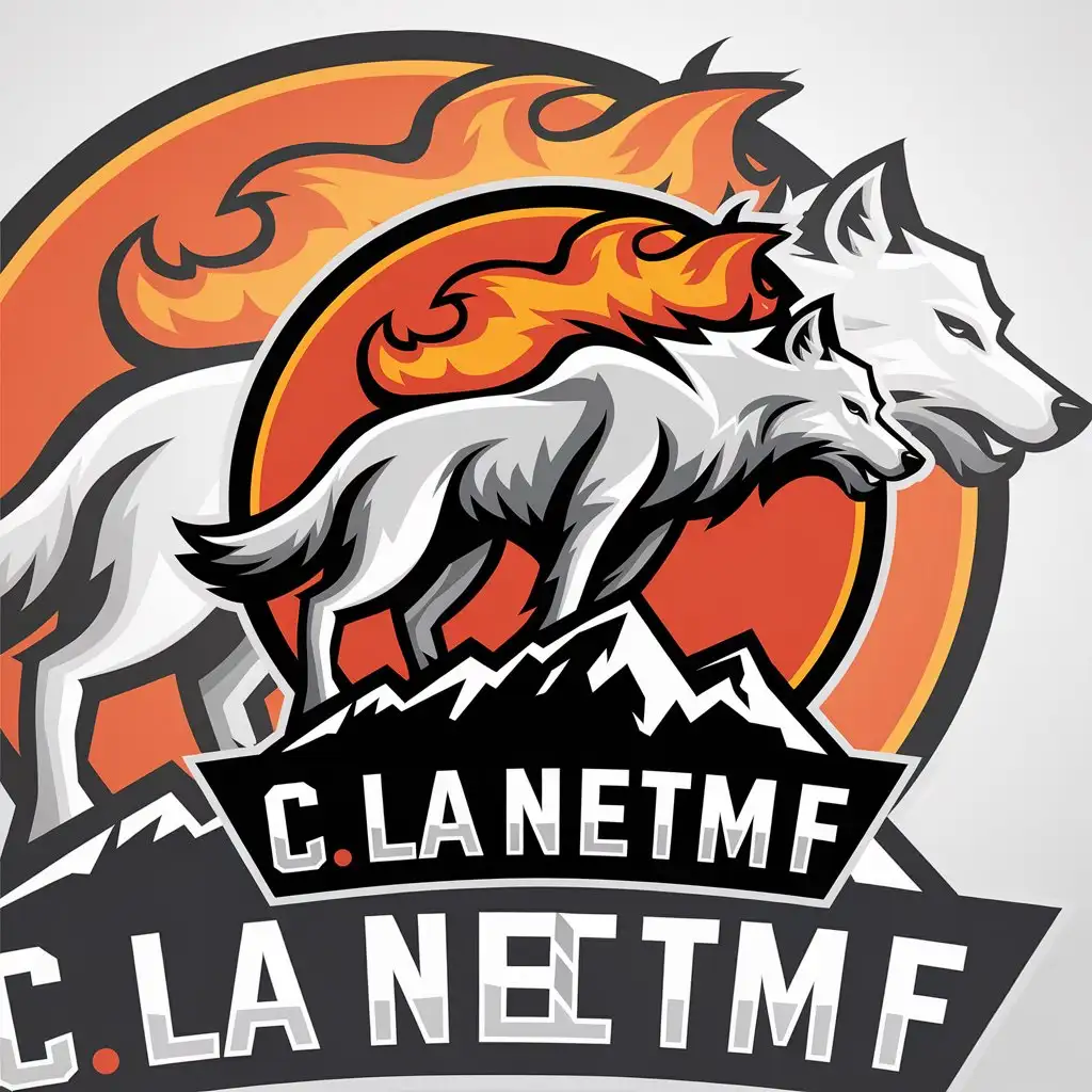 a vector logo design,with the text "C L A N M E T M F", main symbol:🐺🔥,Moderate,clear background