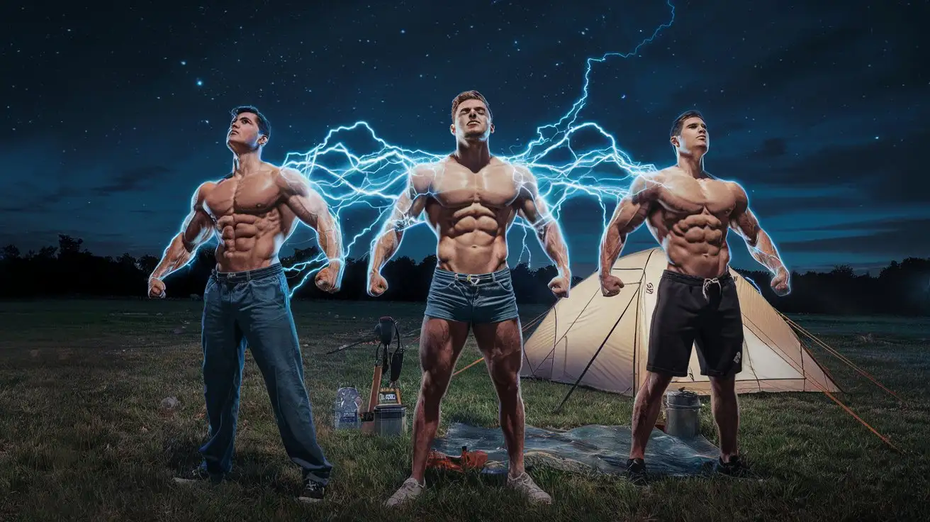 Muscle-Men-Transformed-into-Superheroes-by-Luminous-Blue-Electricity-in-a-Nighttime-Campsite