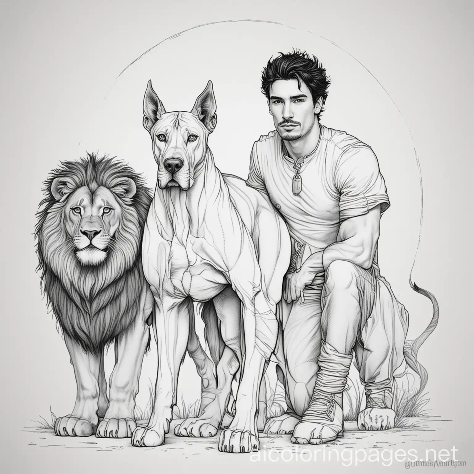 SpikyHaired-Man-with-Great-Dane-and-Lion-Coloring-Page