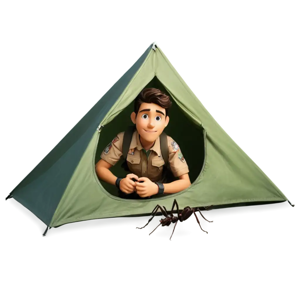 Scout-in-Tent-with-Ant-on-Hand-PNG-Image-Capturing-Nature-and-Exploration