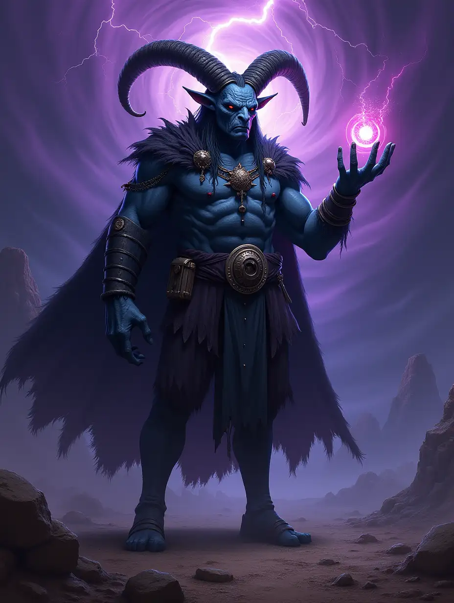 A highly detailed and dark illustration of a menacing and ancient alien sorcerer resembling Moro. The character has a goat-like appearance with long, curved horns, a rugged blue-gray body, and a muscular build. He wears a tattered dark cape and an armor-like outfit, emanating an aura of dark magical energy. Moro stands with an evil glare, his hand extended as if absorbing energy, surrounded by glowing orbs of stolen power. The background is a desolate, barren planet with craters and a swirling, ominous purple sky filled with lightning, emphasizing his destructive and mystical power.