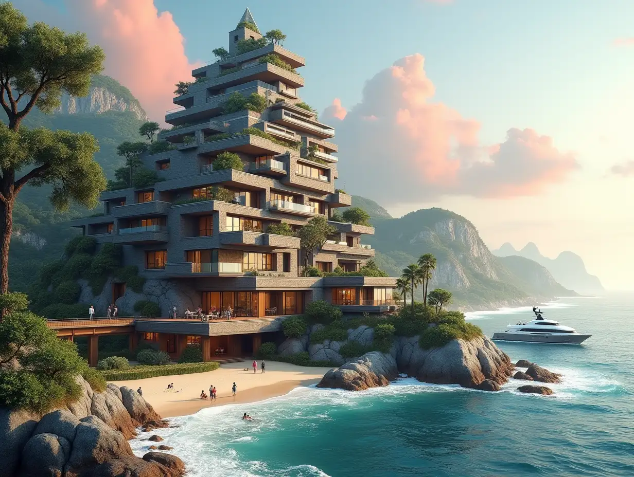 Create a high-resolution, realistic panorama image of a futuristic terrace building with window pyramid house with bridge, a yacht and a small beach with people, many plants and grey and brown facades with sea with waves, big trees, red clouds