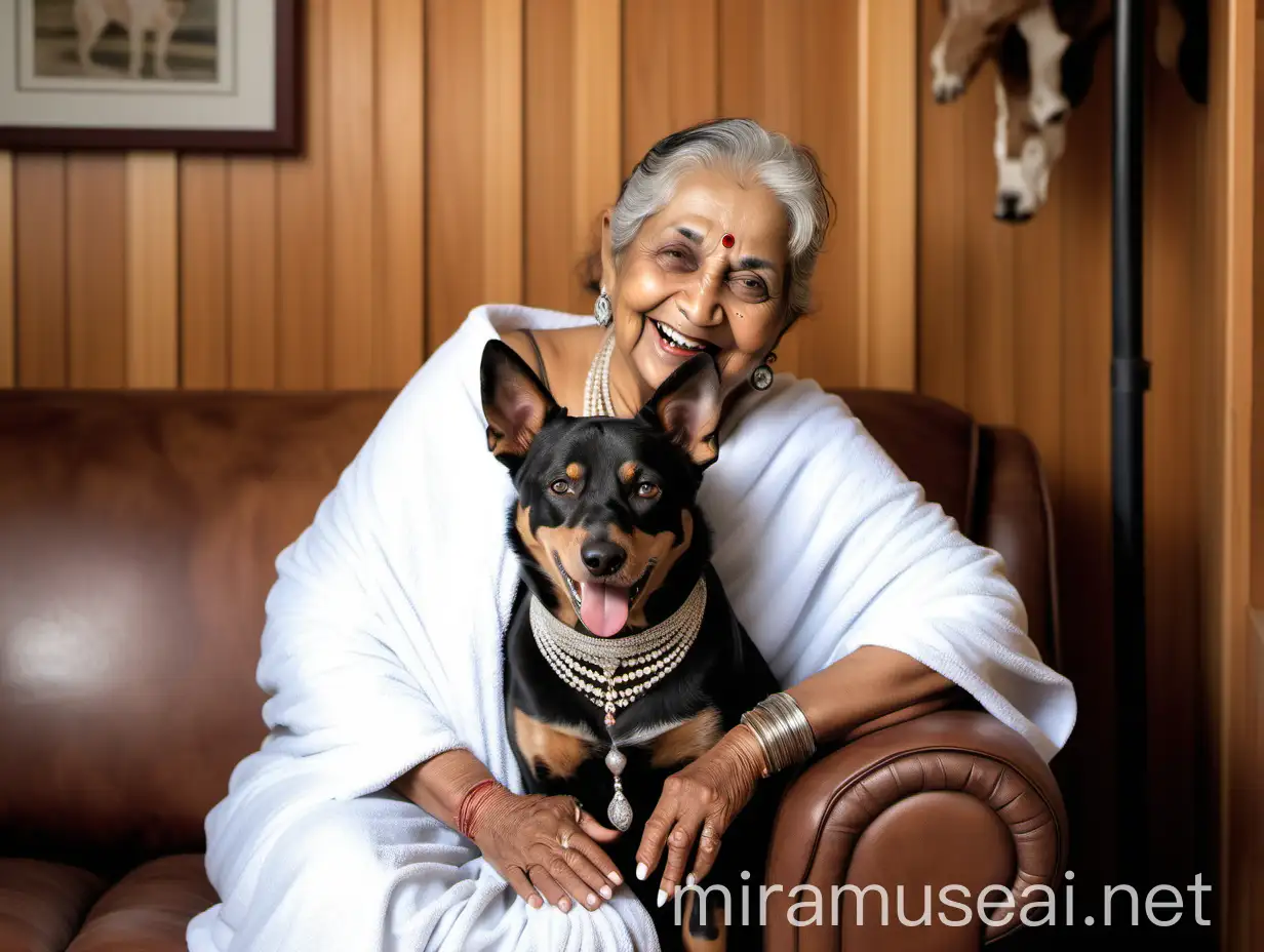 Happy Indian Senior Woman with Australian Cattle Dog in Maple Wood Building