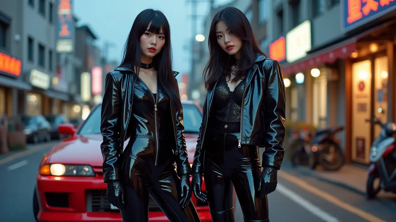 Two-Asian-Punk-Women-in-Shiny-PVC-Jumpsuits-on-Japanese-Street-at-Dusk-with-Nissan-R32