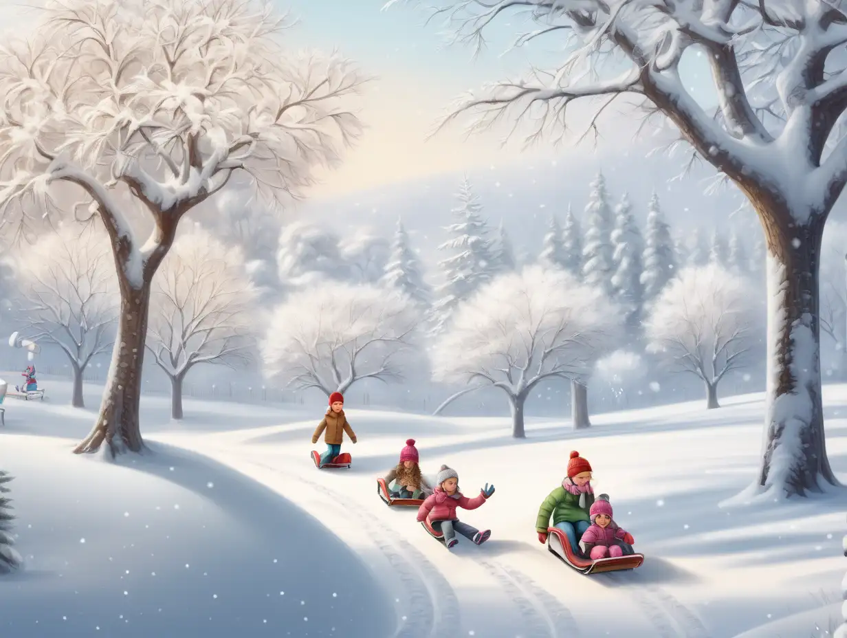 snowy landscape with kids sledding in a snow-covered park. Add scarves, hats and gloves for a wintery feel