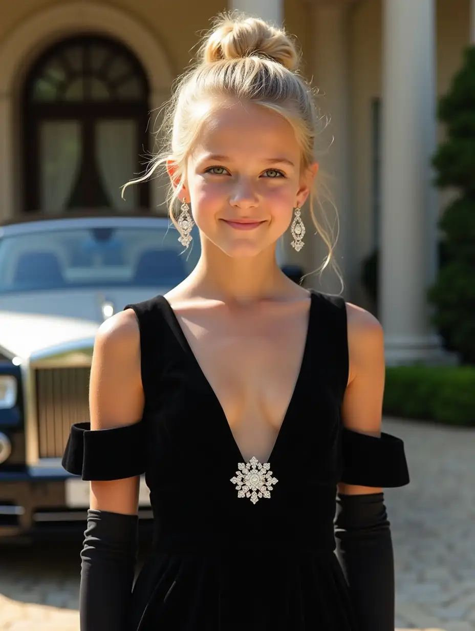 A glamorous 14-year-old woman with blonde hair styled in an elegant updo, wearing a sophisticated black evening gown with a plunging neckline and a decorative jeweled brooch at the center. The gown features off-the-shoulder sleeves and long black gloves, adding a touch of classic Hollywood glamour. She is adorned with sparkling drop earrings that catch the light. The background is a huge mansion and a Rolls Royce. The lighting is bright and natural, highlighting her features and the details of her attire.